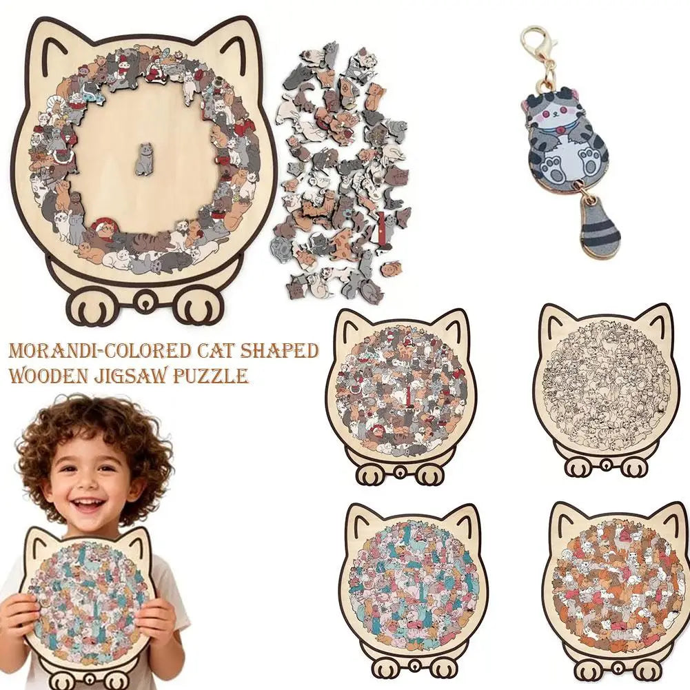 Morandi-colored cat-shaped wooden jigsaw puzzle featuring various pieces.