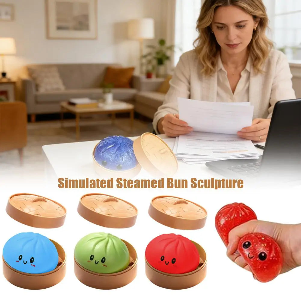 A variety of simulated steamed bun sculptures in various colors including blue, green, and red are shown.