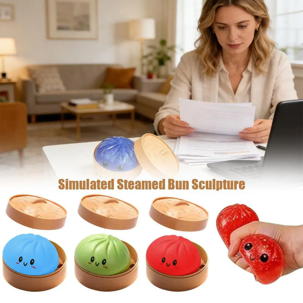 A variety of simulated steamed bun sculptures in various colors including blue, green, and red are shown.