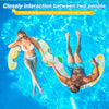 Two people floating in water using a pair of yellow and green inflatable pool chairs for couples