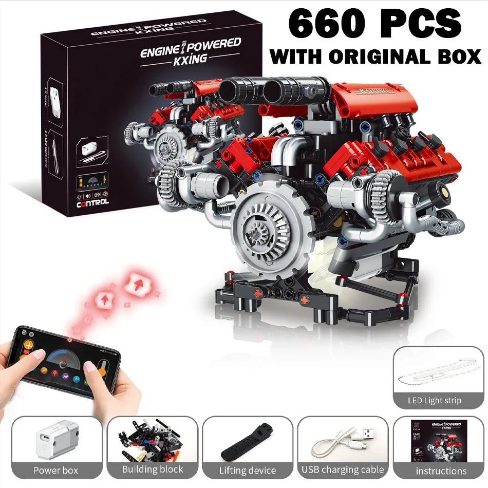 Technical V8 Engine Model Building Kit with LED Lights and App Control