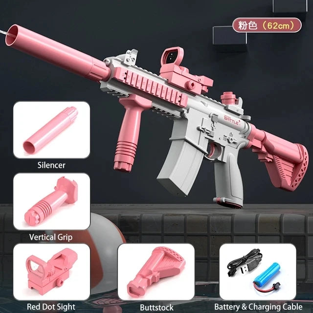 Pink assault rifle replica with a silencer, grip, red dot sight, buttstock, and battery charging cable.