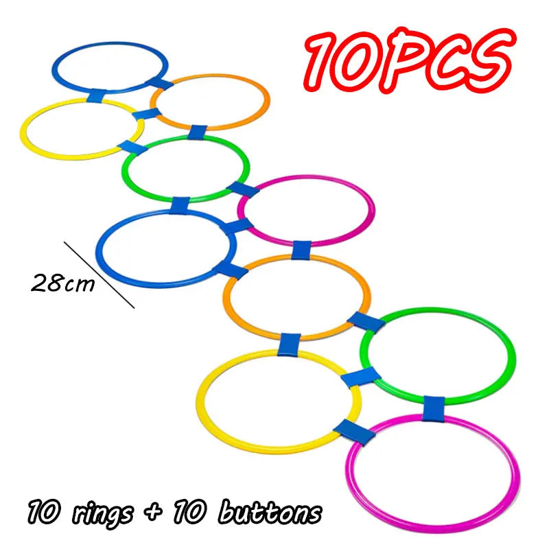 Ten colored rings and buttons for a balance stepping stones toy set