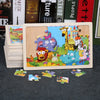 A wooden jigsaw puzzle featuring various colorful animals like a giraffe, elephant, and lion.