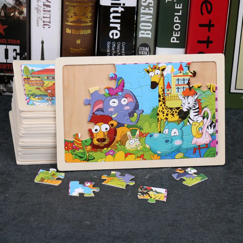 A wooden jigsaw puzzle featuring various colorful animals like a giraffe, elephant, and lion.