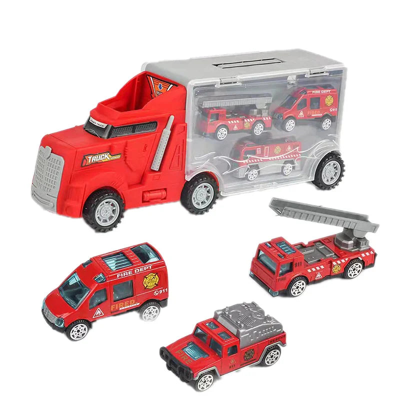 A red die-cast construction truck set with a clear plastic transporter and various vehicles.