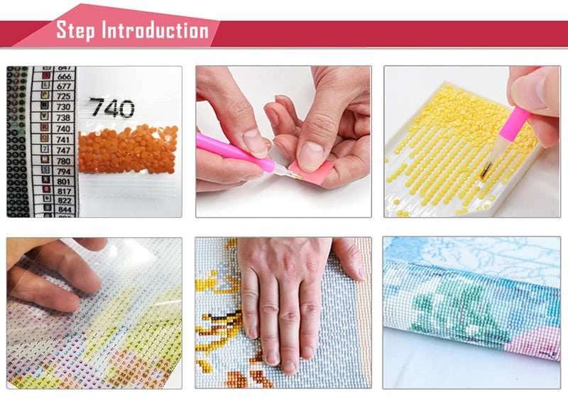 Step introduction showing the process of using a SpongeBob Diamond Painting Kit with colored beads and fabric.