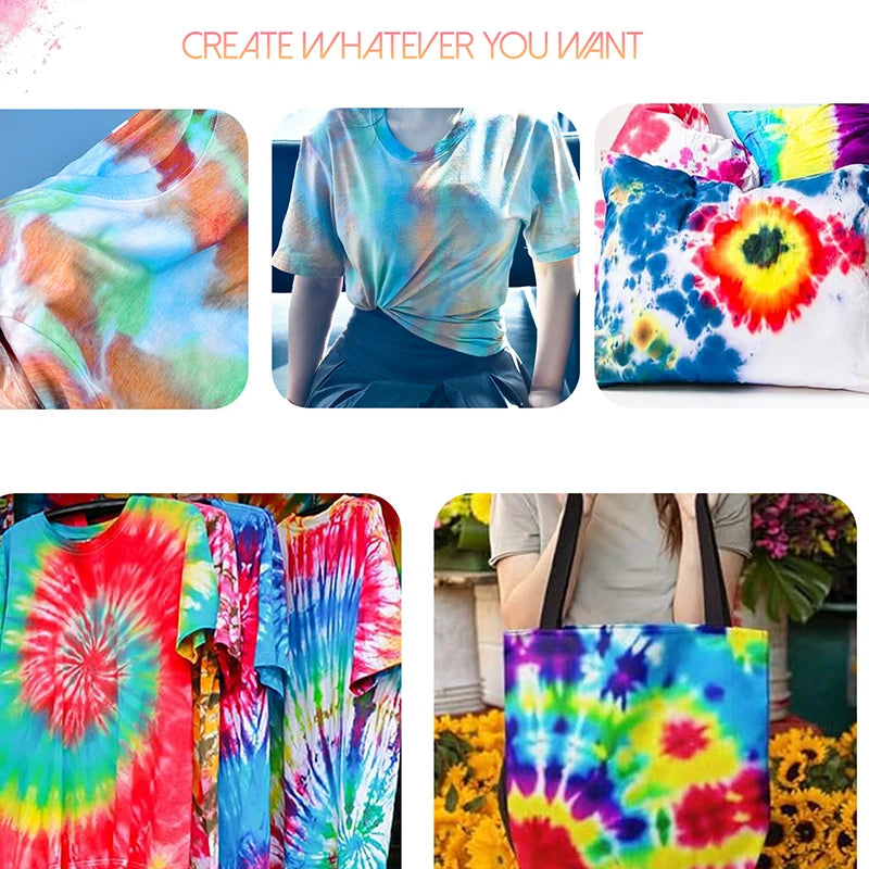 Colorful tie-dye fabric samples and a vibrant floral print tote bag showcasing textile dye powder results.