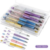 A kit of ten ballpoint pens in various colors and sizes packaged in a clear plastic container.