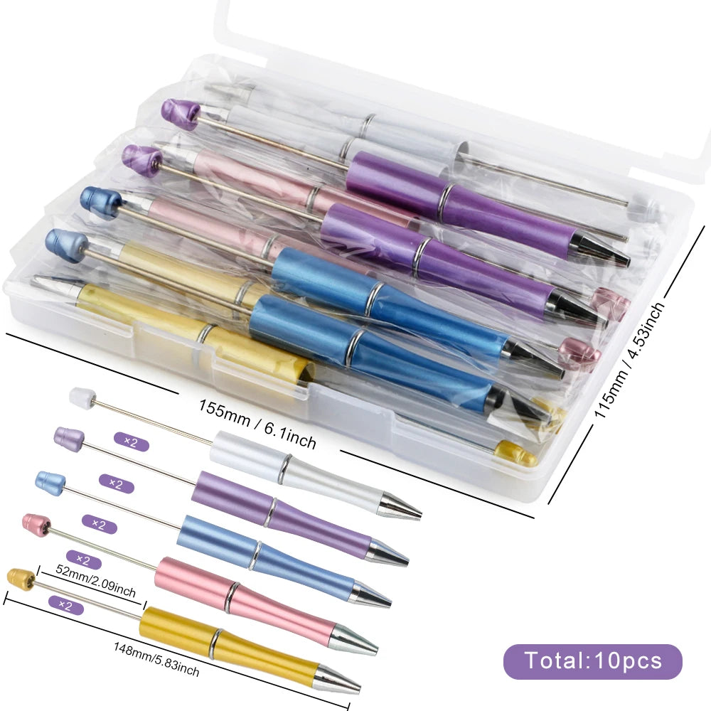 A kit of ten ballpoint pens in various colors and sizes packaged in a clear plastic container.
