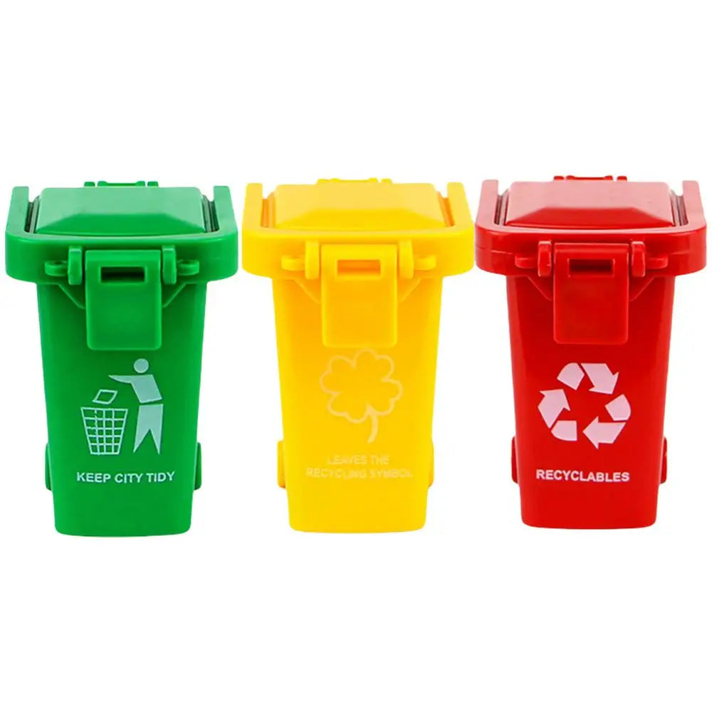 Three colored mini recycling truck toys in green, yellow, and red for kids