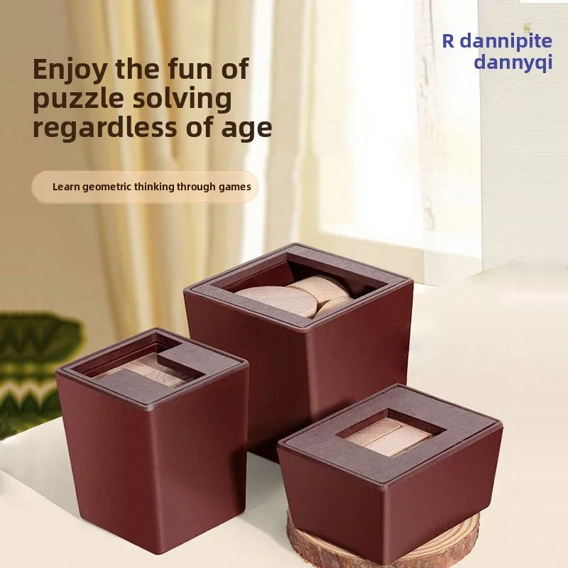 A set of three dark brown wooden puzzle boxes containing wooden blocks for a 3D challenge.