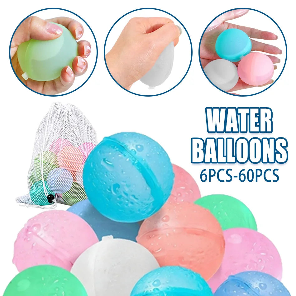 A collection of colorful reusable water balloons in various shades including blue, pink, green, and white.