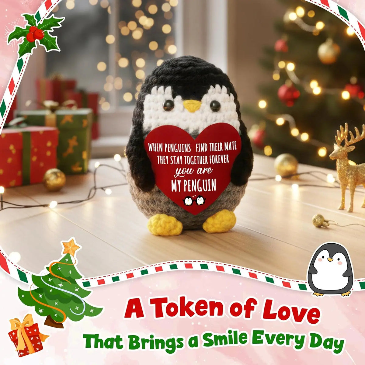 Handmade Knitted Penguin Doll with Inspirational Card