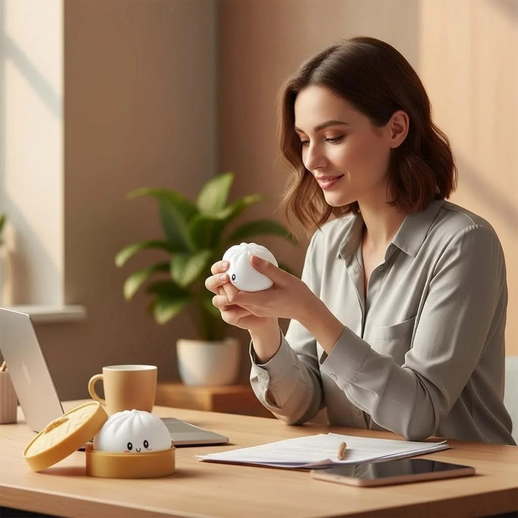 A woman is holding a white dumpling squishy stress ball with a steamer basket on a wooden desk.