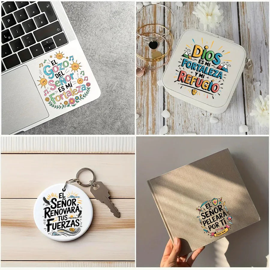 A collection of Spanish Bible verse rub-on transfer stickers featuring phrases like Dios es mi fortaleza and El Señor renovar
