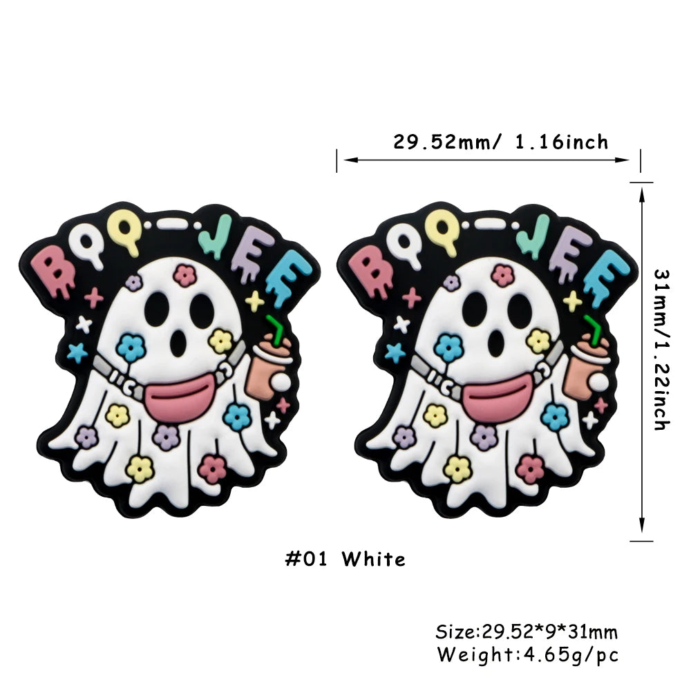 White silicone bead shaped like a ghost with the letters BOO JEEF on the face