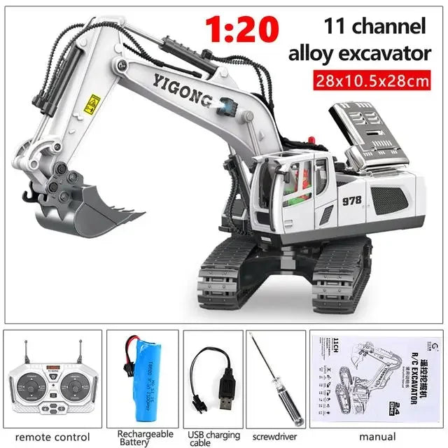 A YIGONG 1:20 scale 11 channel alloy excavator toy with a remote control and manual.