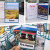 A collection of English vocabulary flashcards featuring farm, gas station, and fire station themes.