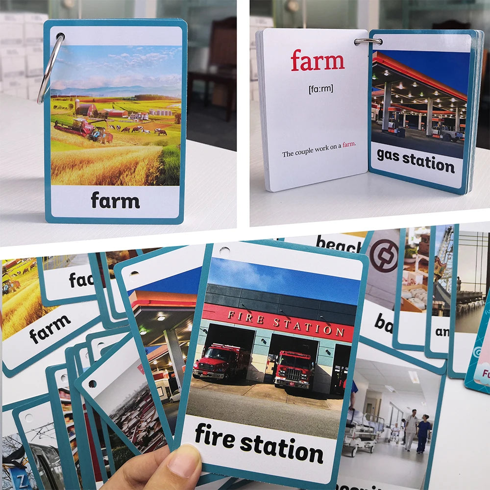 A collection of English vocabulary flashcards featuring farm, gas station, and fire station themes.