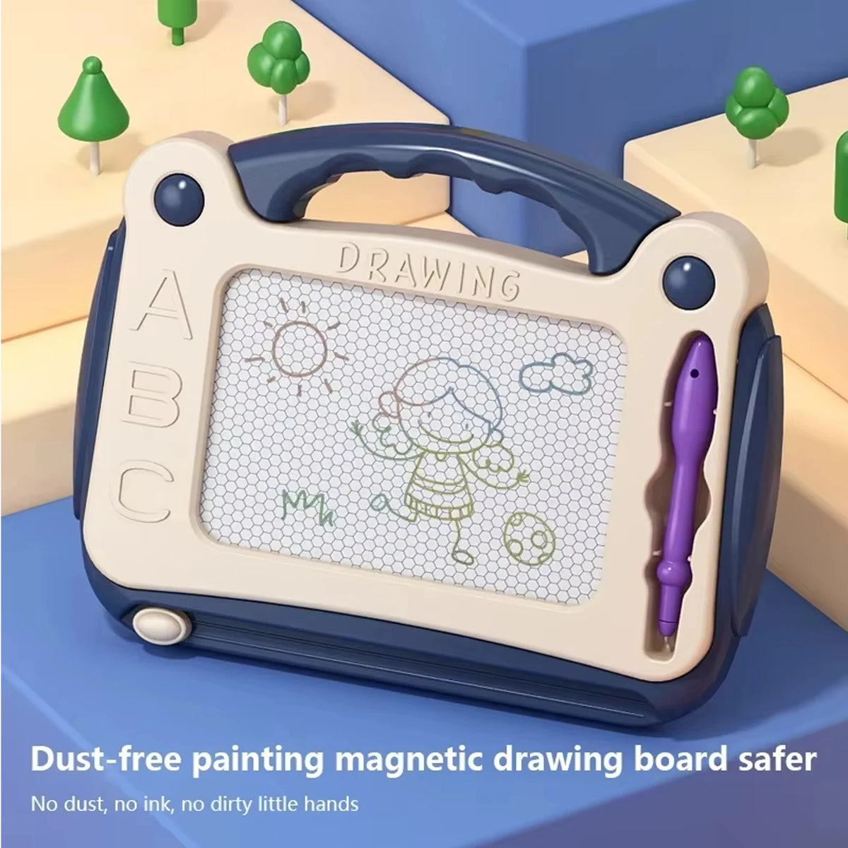 A beige magnetic drawing board with an ABC grid and a pencil is shown on a blue surface.