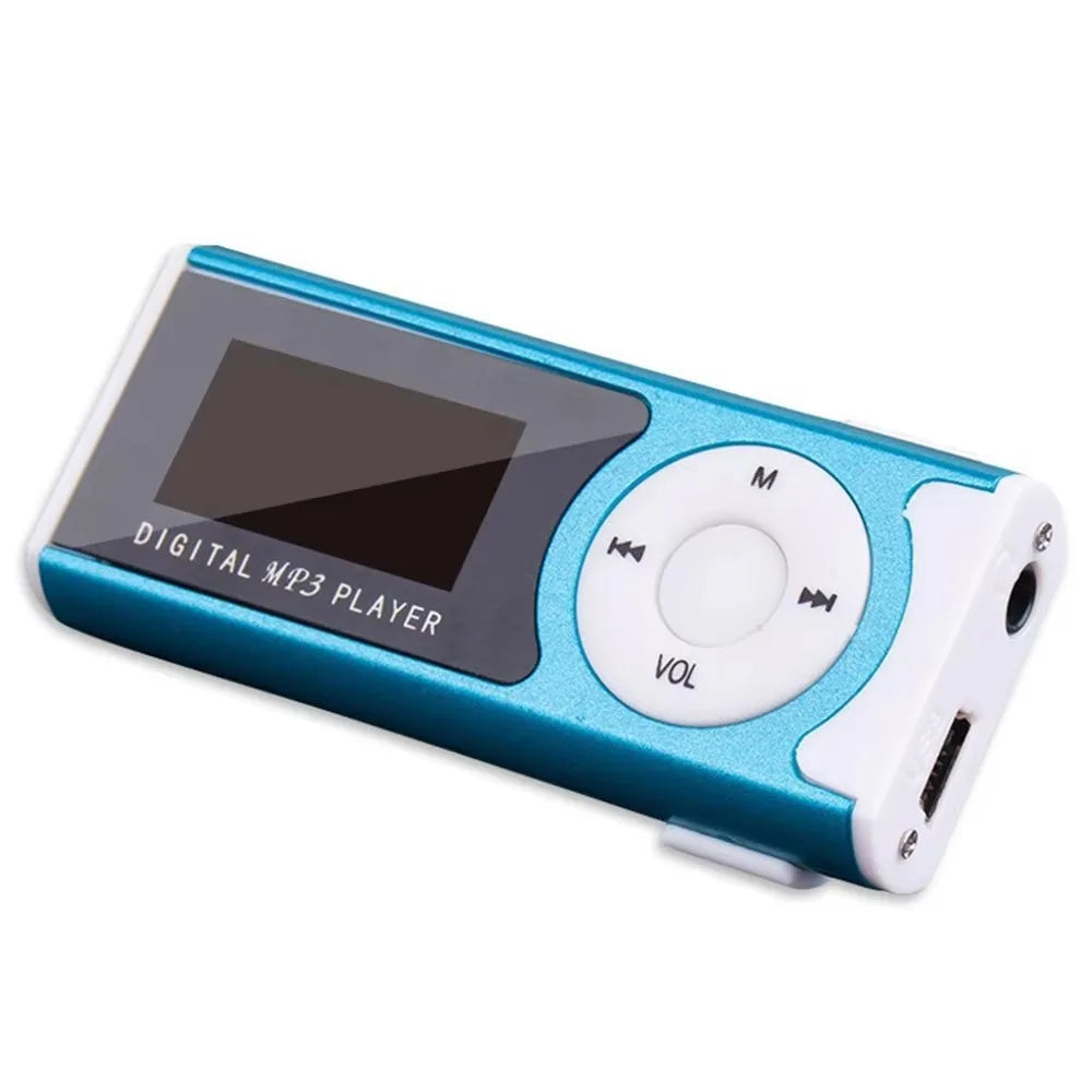 Blaues tragbares MP3-Player mit LCD-Bildschirm und Lautstärkeregelung.