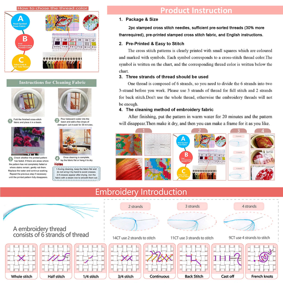 A set of 6-piece DIY cross-stitch bookmark craft kit showing various threads and stitches.