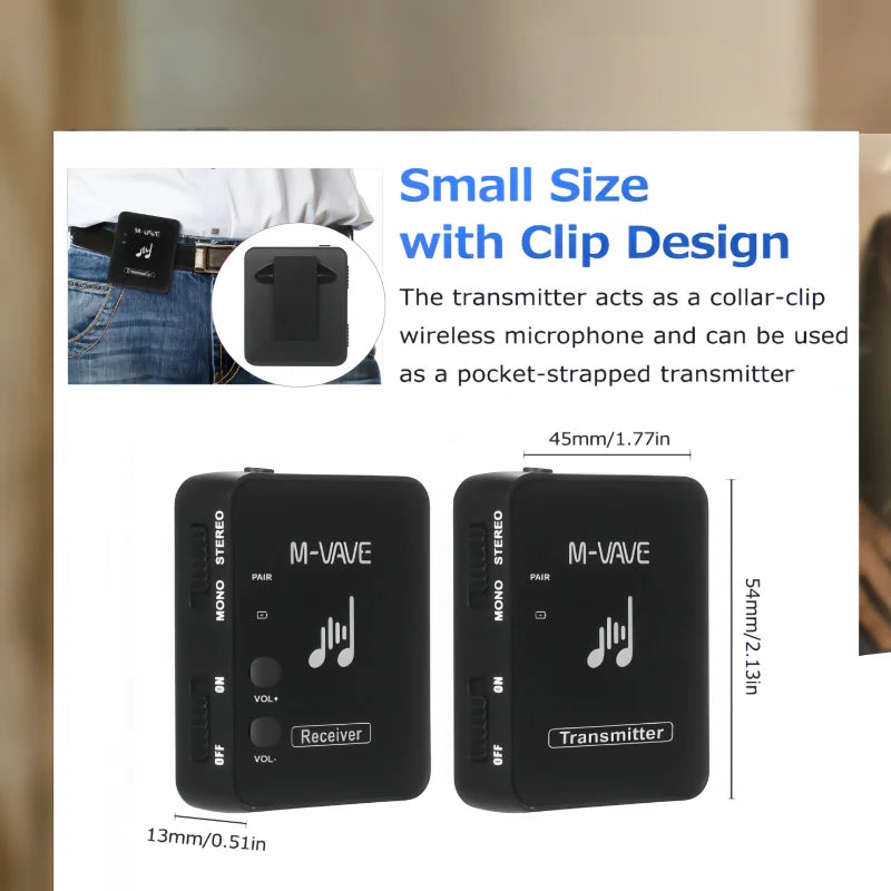 Black M-VAVE wireless microphone system showing the transmitter and receiver units.