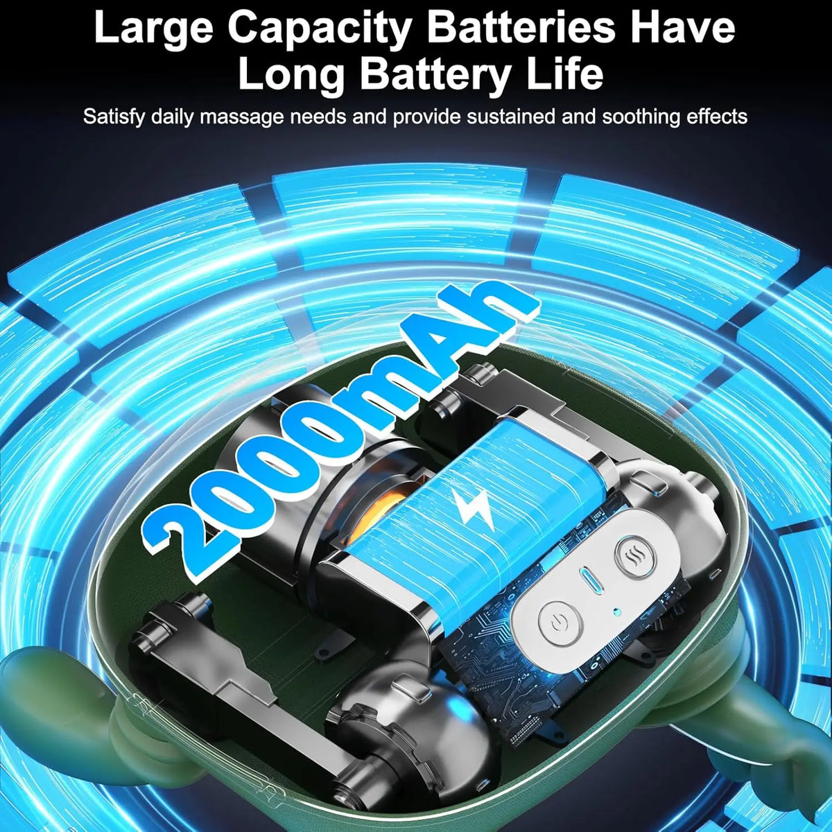 A green massage device with a large battery is shown, illustrating long battery life for daily massage needs.