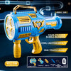A blue and yellow bubble gun is shown with accessories for bubble-blowing and cool lighting effects.