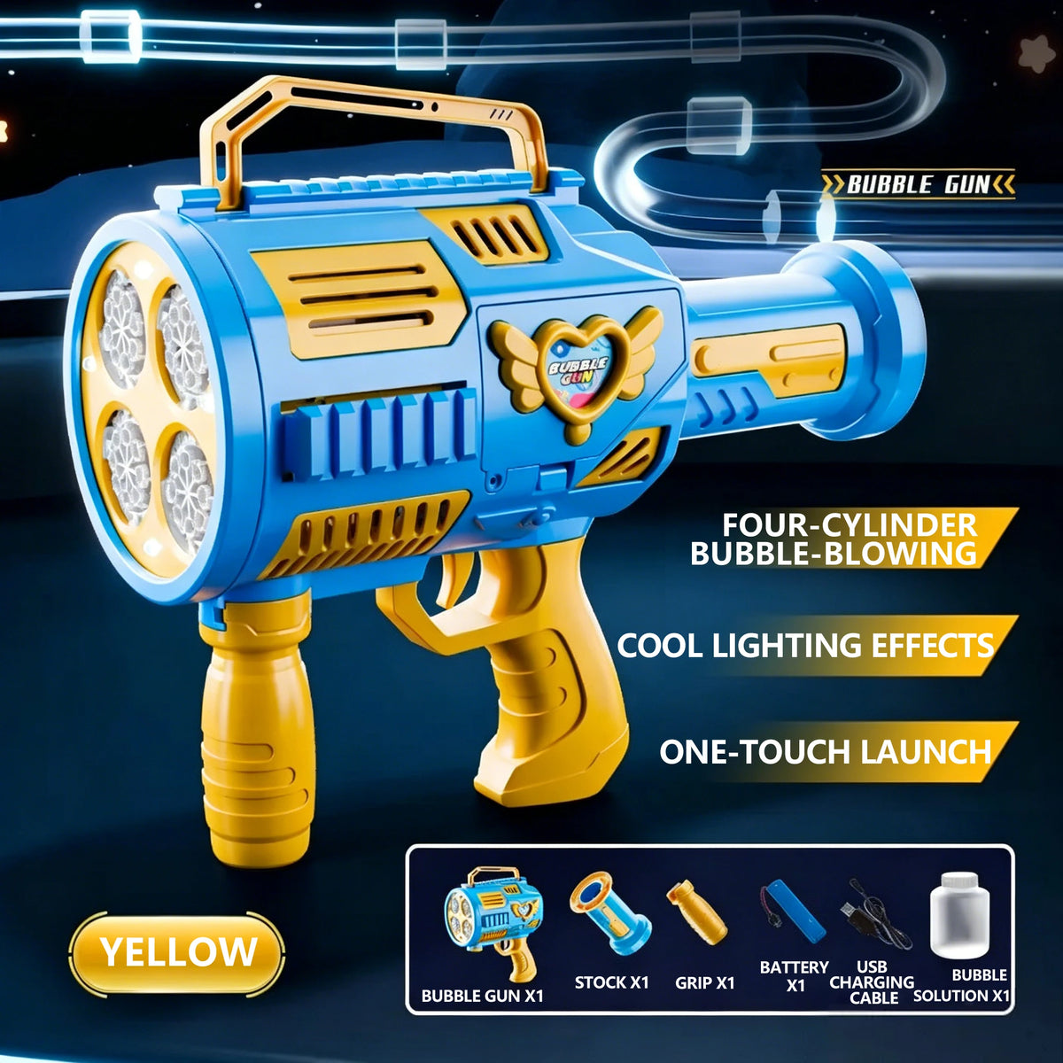 A blue and yellow bubble gun is shown with accessories for bubble-blowing and cool lighting effects.