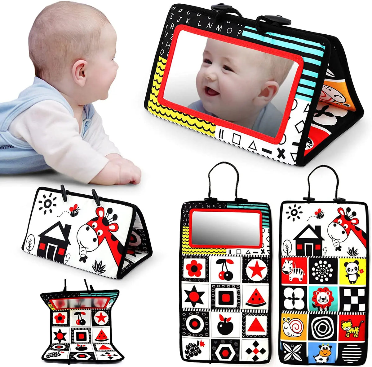 High-Contrast Tummy Time Baby Mirror with Crinkle Cloth Book and Teether
