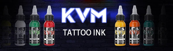 A row of fourteen colored tattoo inks in glass bottles displayed against a dark background.