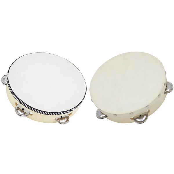 A round, light-colored wooden tambourine with silver steel jingles shown from the top.