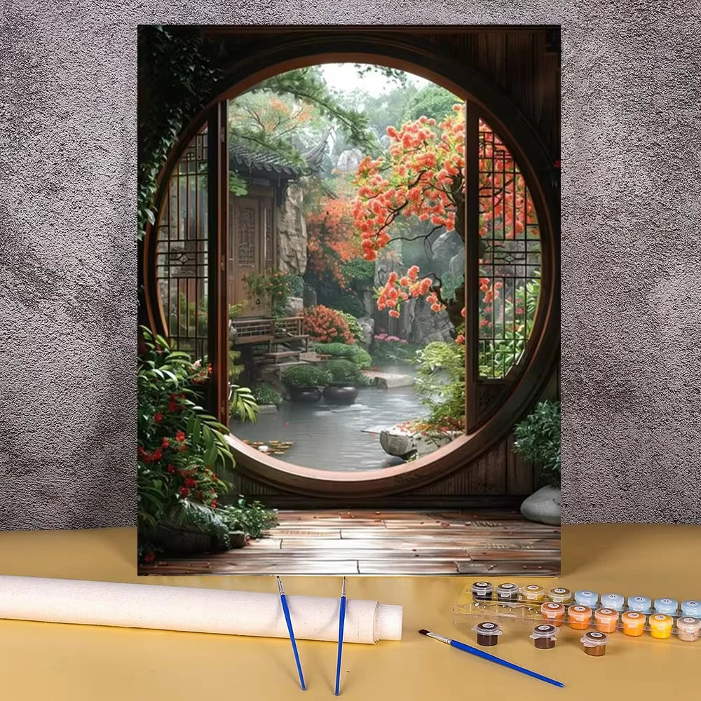 A framed painting depicting a lush flower field and wooden house landscape viewed through an arched window.