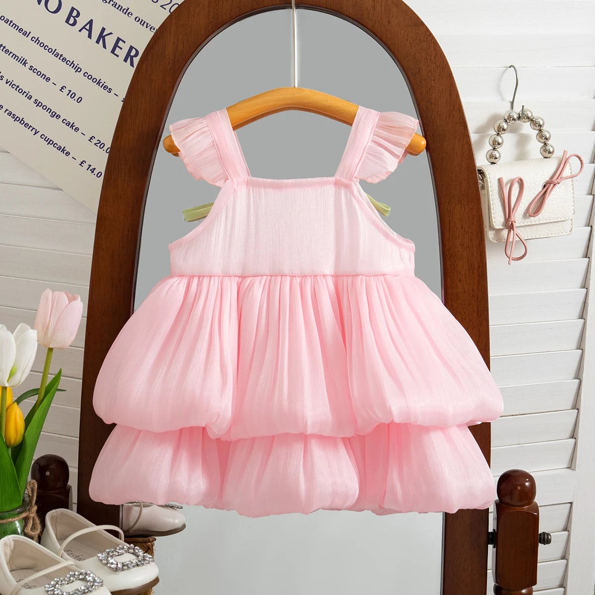 A pink sleeveless pleated princess dress for a baby girl displayed on a wooden hanger in a mirror.