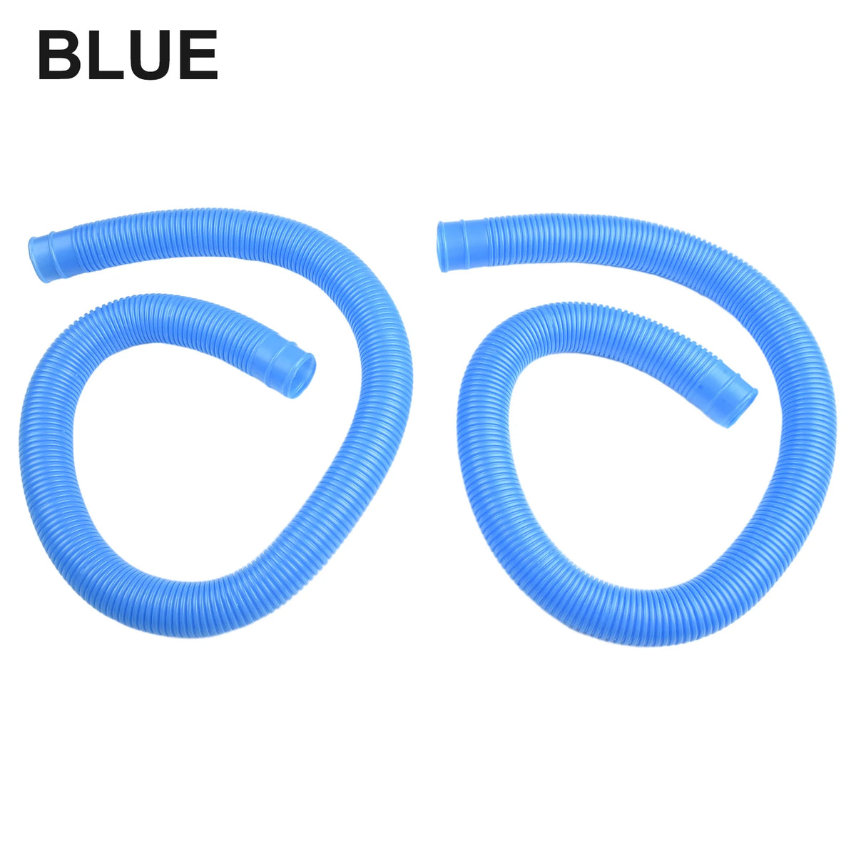 A pair of blue flexible replacement pool pump hoses for above-ground Intex systems.