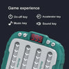 A close-up view of a green and white light-up rhythm speed push game for kids with various function keys.