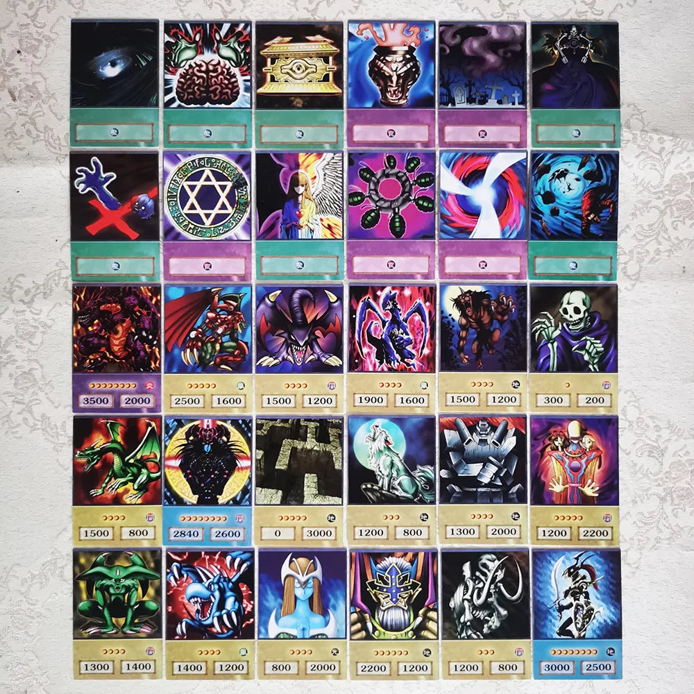 A collection of Yu-Gi-Oh! anime style cards featuring classic monsters and Egyptian gods.