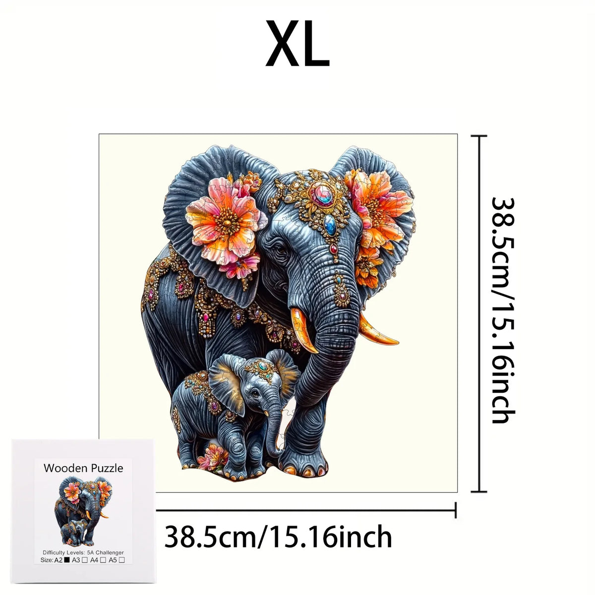 An XL wooden jigsaw puzzle featuring an elephant with colorful floral decorations.