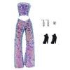 A set of purple and gold sequin party trousers for fashion dolls, accompanied by silver jewelry.