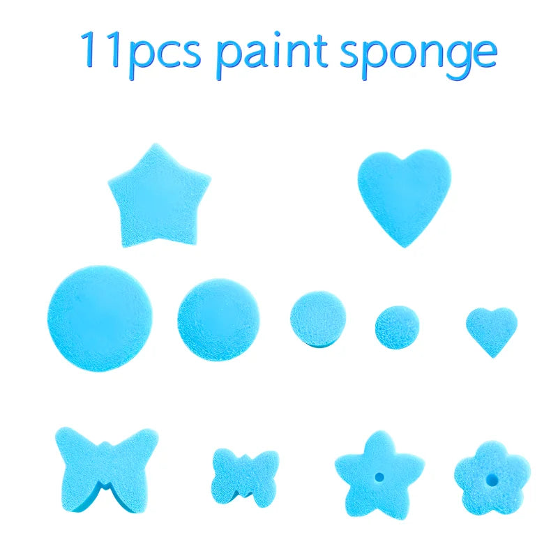 A collection of 11 blue paint sponges and stamps, including star, heart, and various shapes.