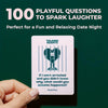 A hand holds a card from the 100 Playful Questions to Spark Laughter set for a fun and relaxing date night.