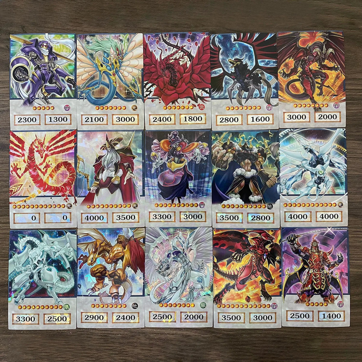 A collection of Yu-Gi-Oh! anime style cards featuring classic monsters and Egyptian gods with various stats.