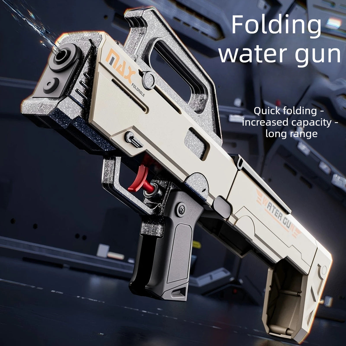 A folding water gun is shown in a close-up, angled view against a dark background.