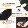 Close-up of black faux locs crochet hair showing the top, bouncy texture, and natural end detail.