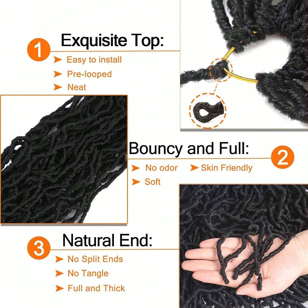 Close-up of black faux locs crochet hair showing the top, bouncy texture, and natural end detail.