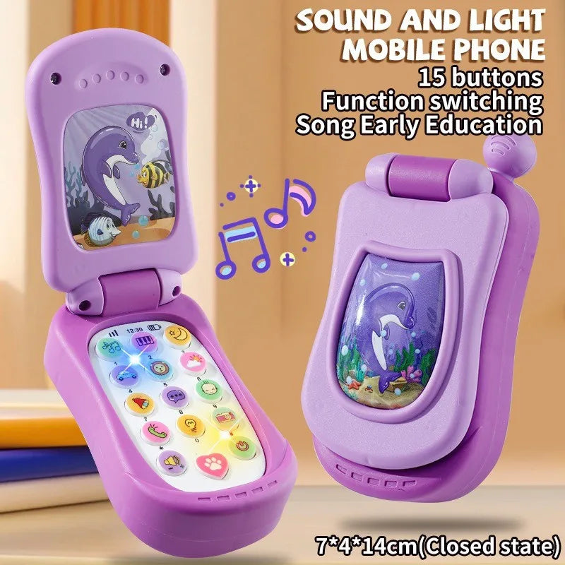 Purple educational talking puzzle phone with 15 buttons and a light display for early education