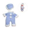 A light blue knitted jumpsuit outfit for a doll, complete with a matching hat and gloves.