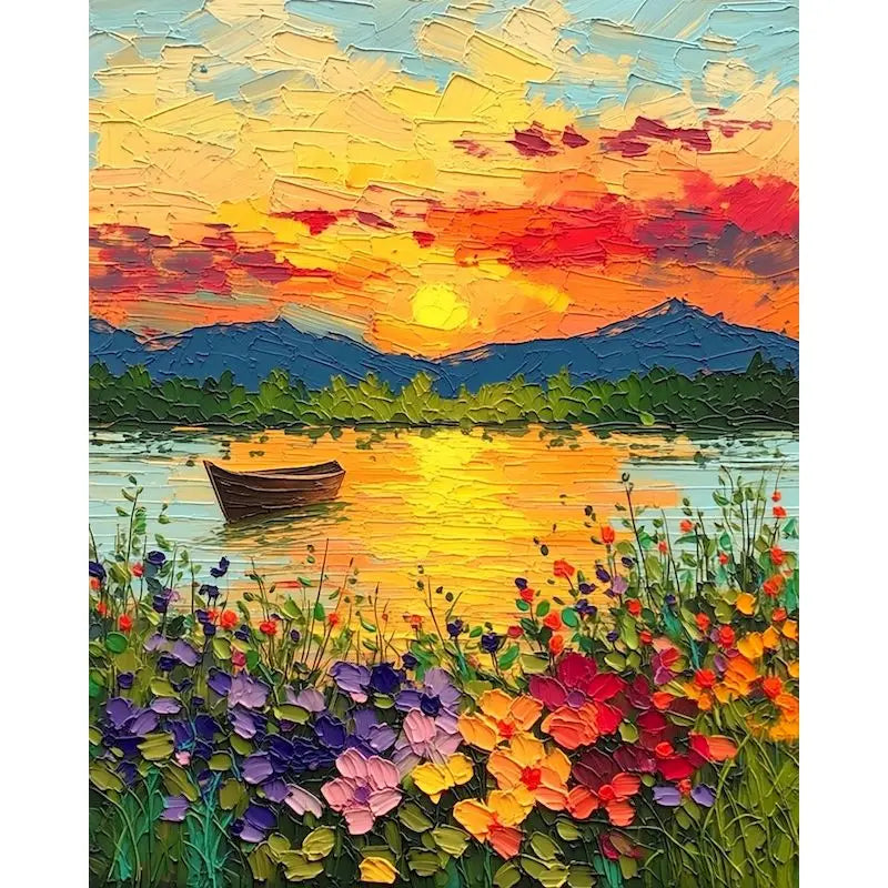 An oil painting depicting a vibrant sunset over mountains and water, with colorful wildflowers in the foreground.
